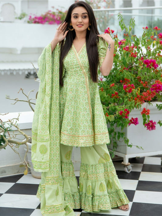 Green Cotton Printed Peplum and Sharara Set