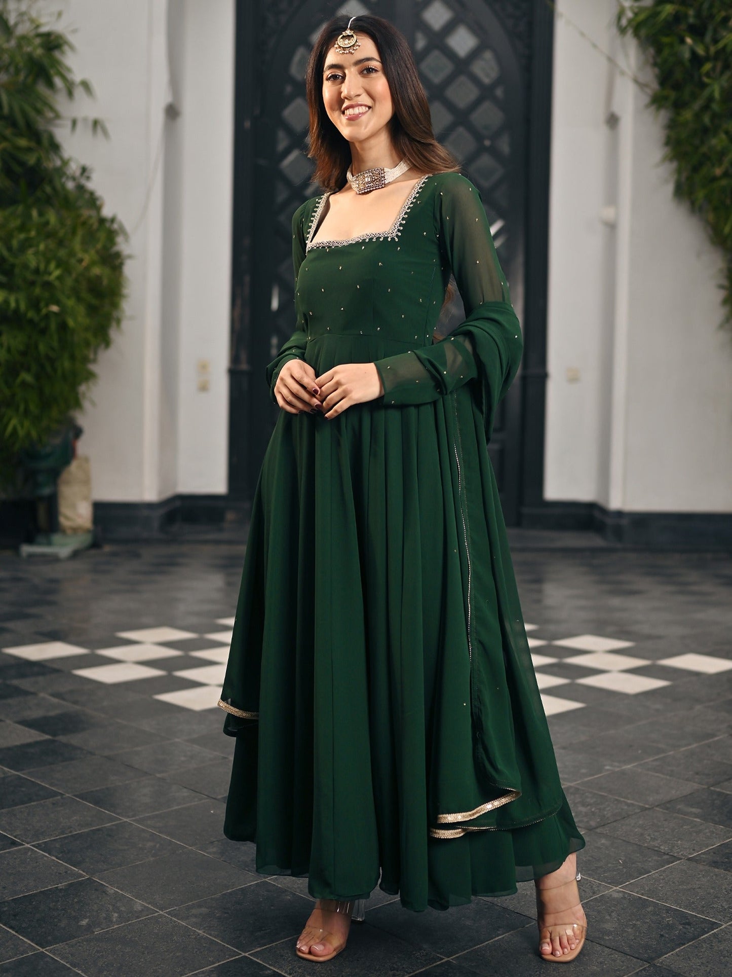 Phoolkari Green Anarkali
