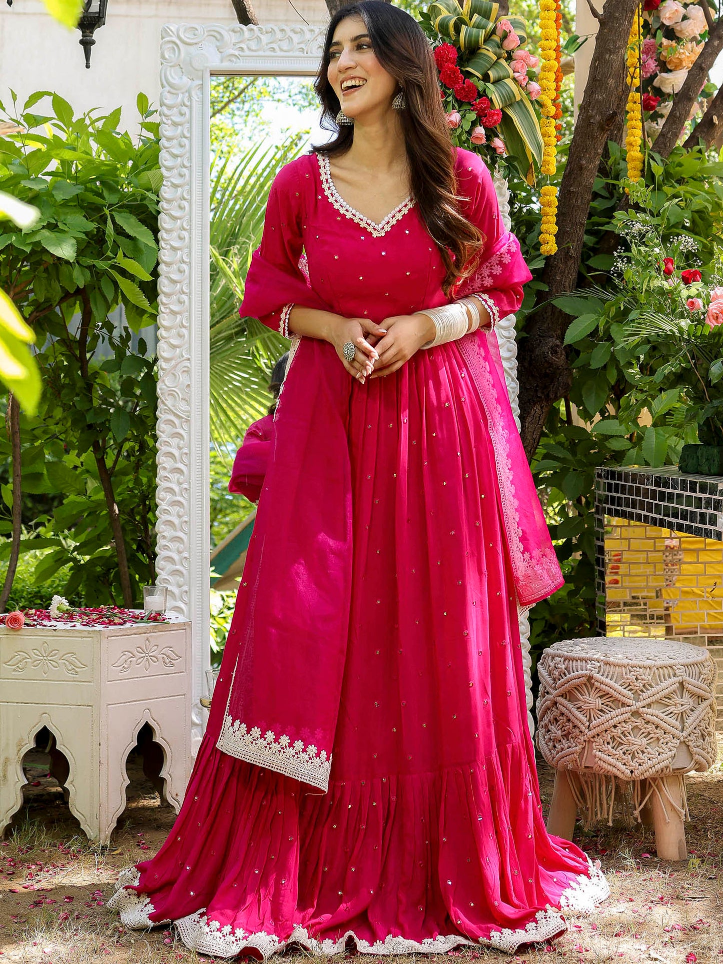 Pink Mirror Anarkali Set
