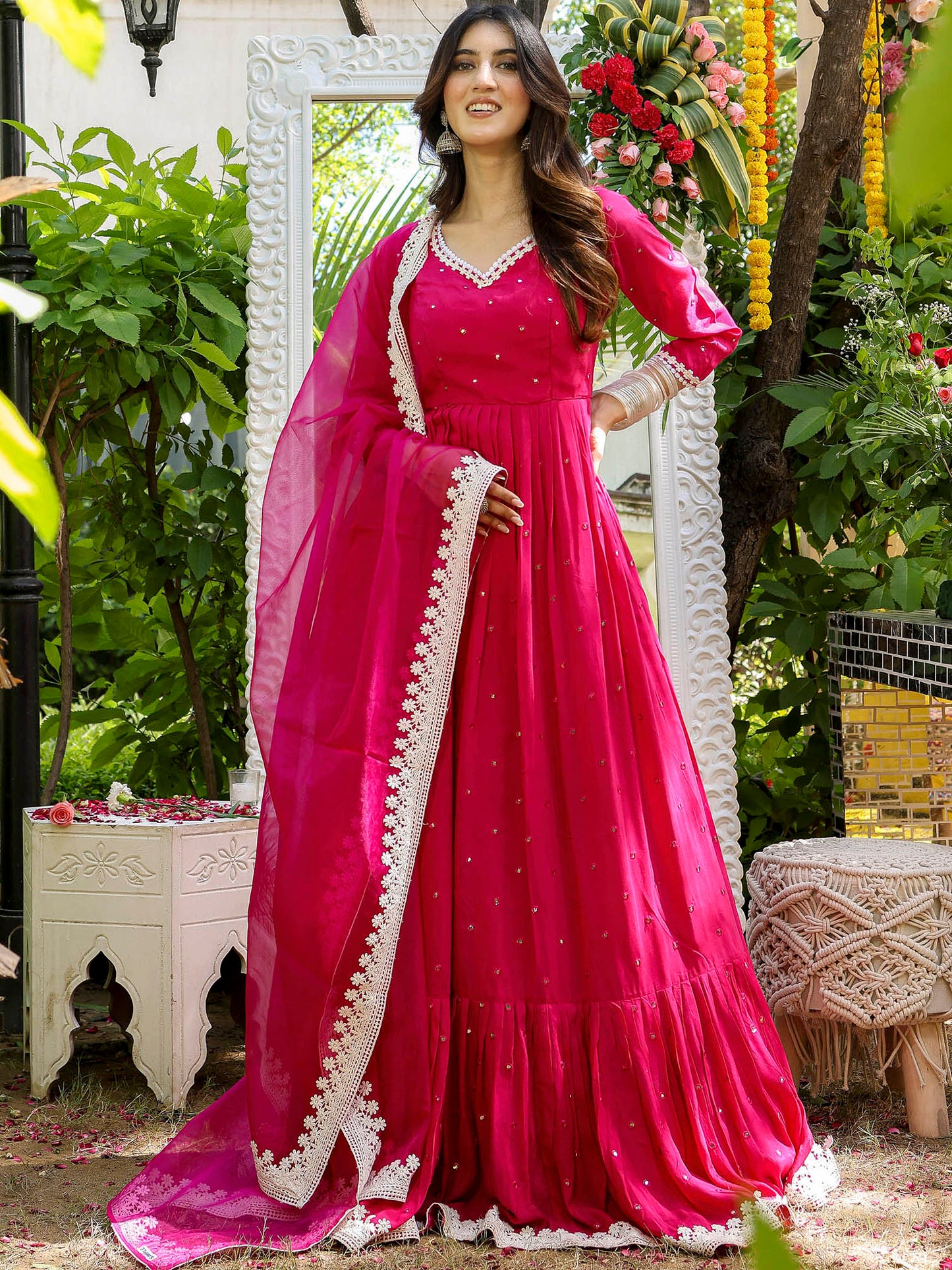 Pink Mirror Anarkali Set