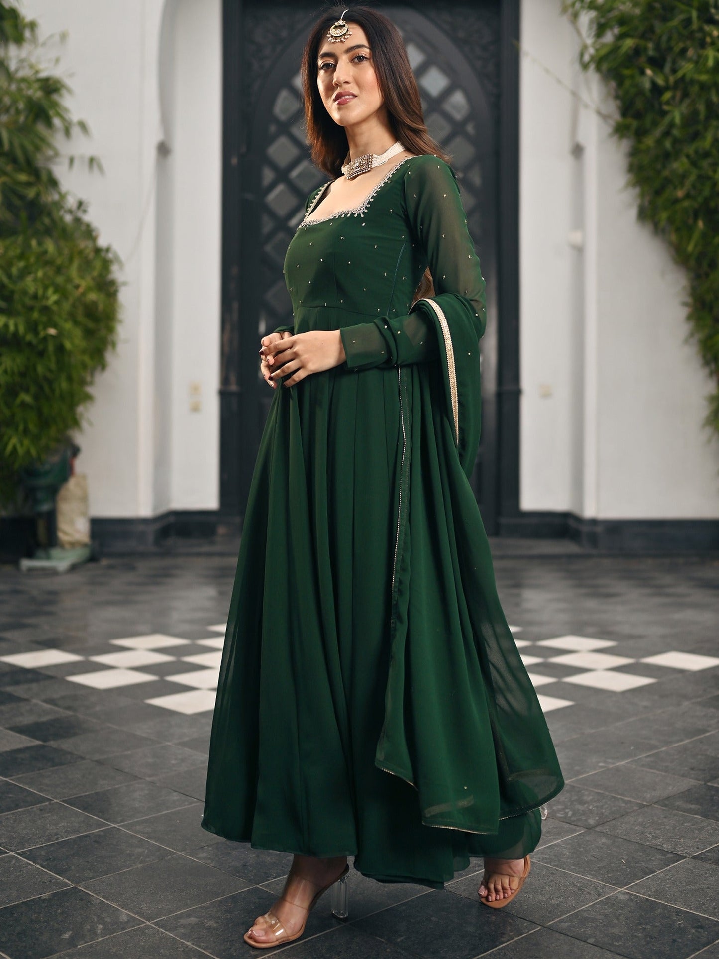 Phoolkari Green Anarkali