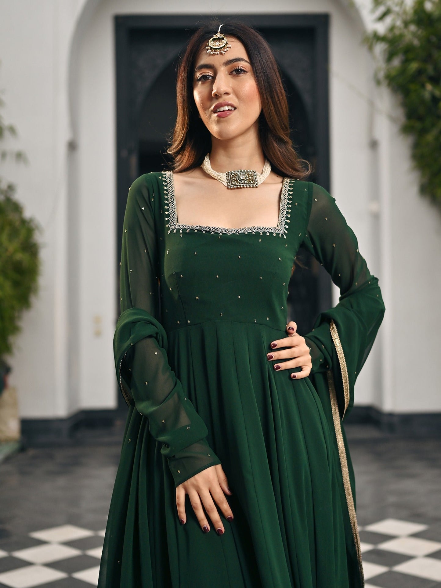 Phoolkari Green Anarkali