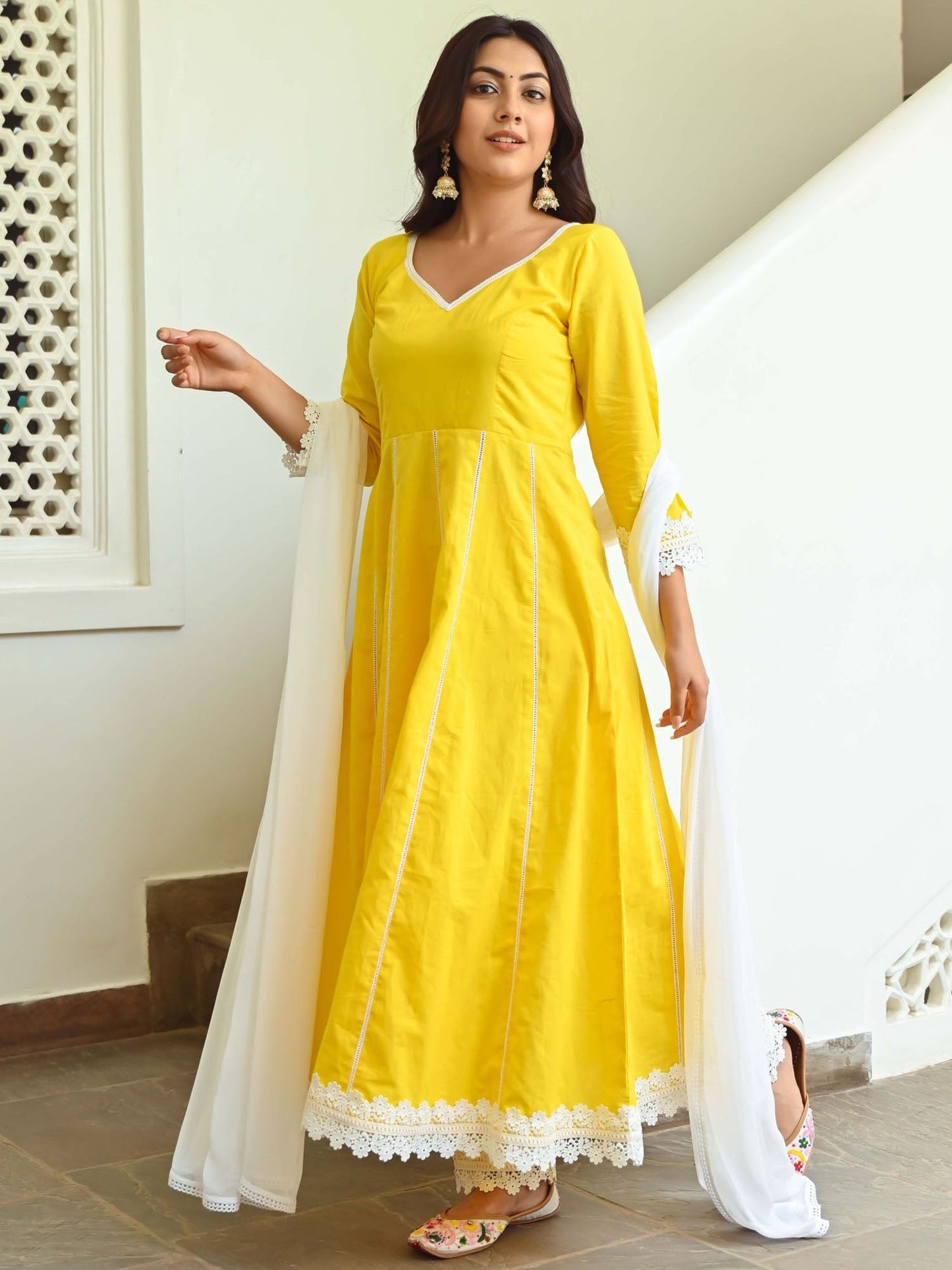 Yellow Cotton Anarkali Set