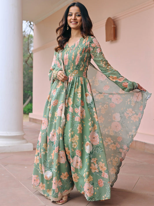 Green Printed Anarkali Set