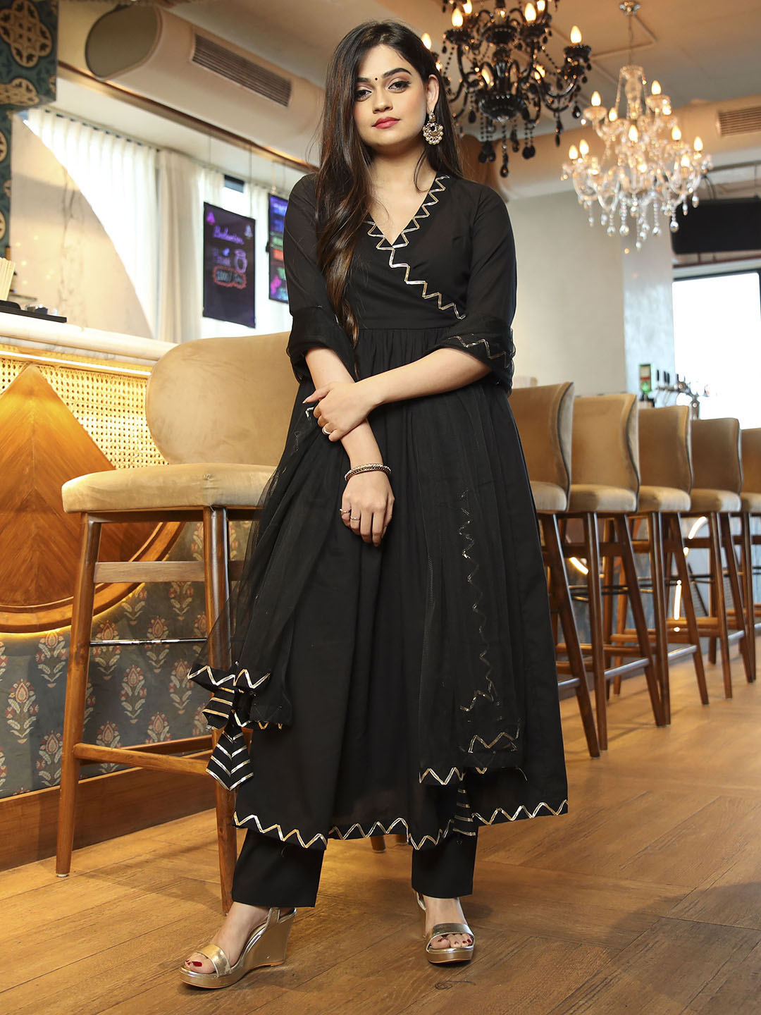 Black Pant Style Anarkali pant  Suit Set