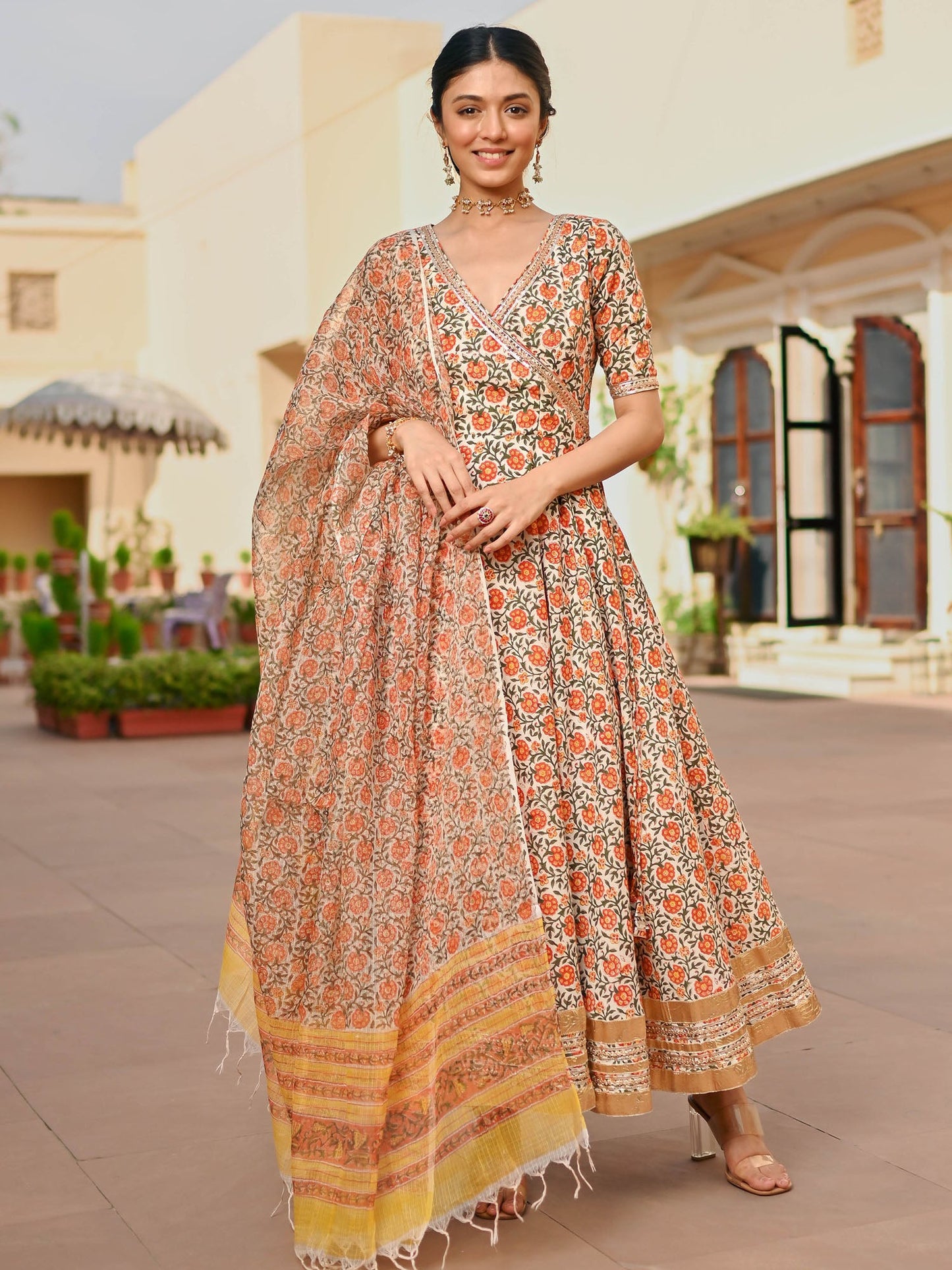 Beige Printed Handblock Anarkali Set