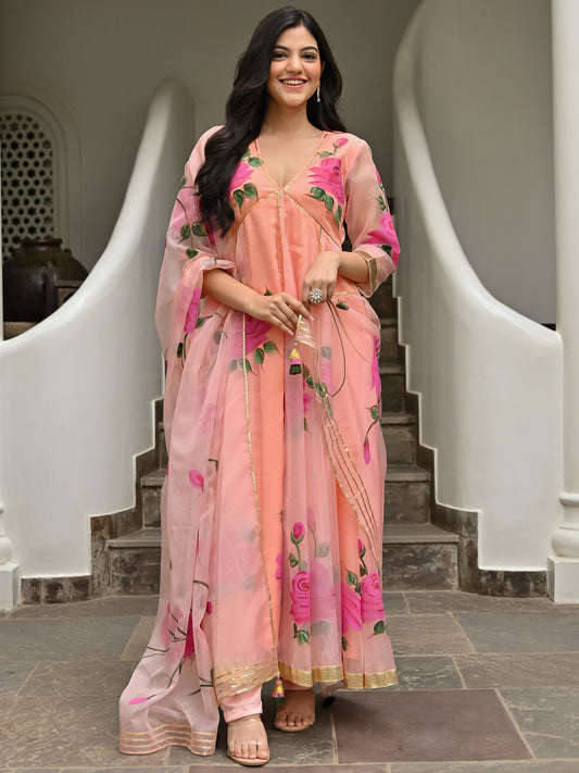 Peach Handbrush Organza Anarkali Set