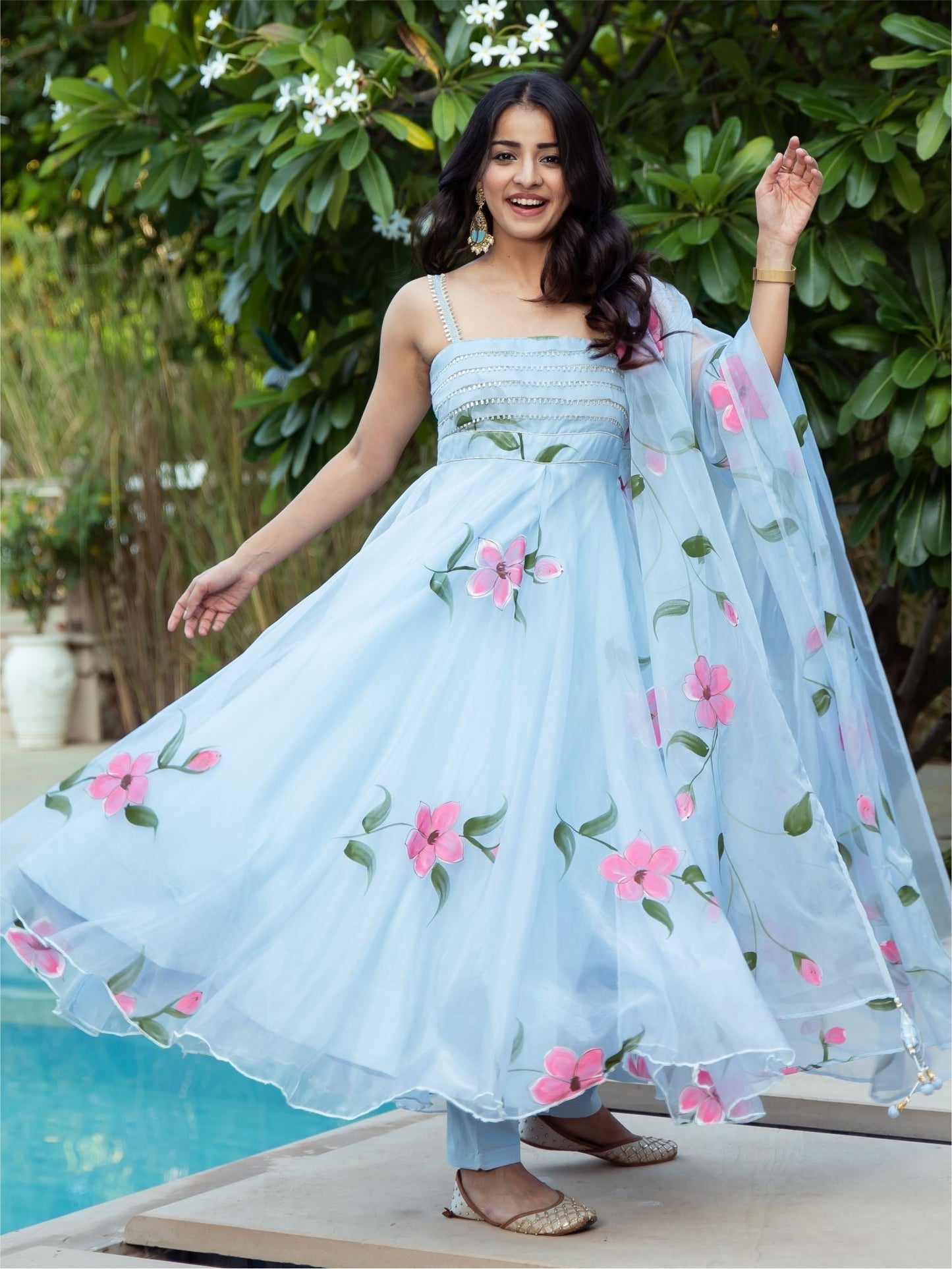 Blue Organza Handpainted Anarkali Set
