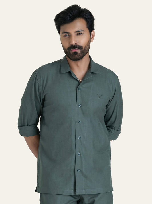 English Green Solid Linen Cotton Shirt