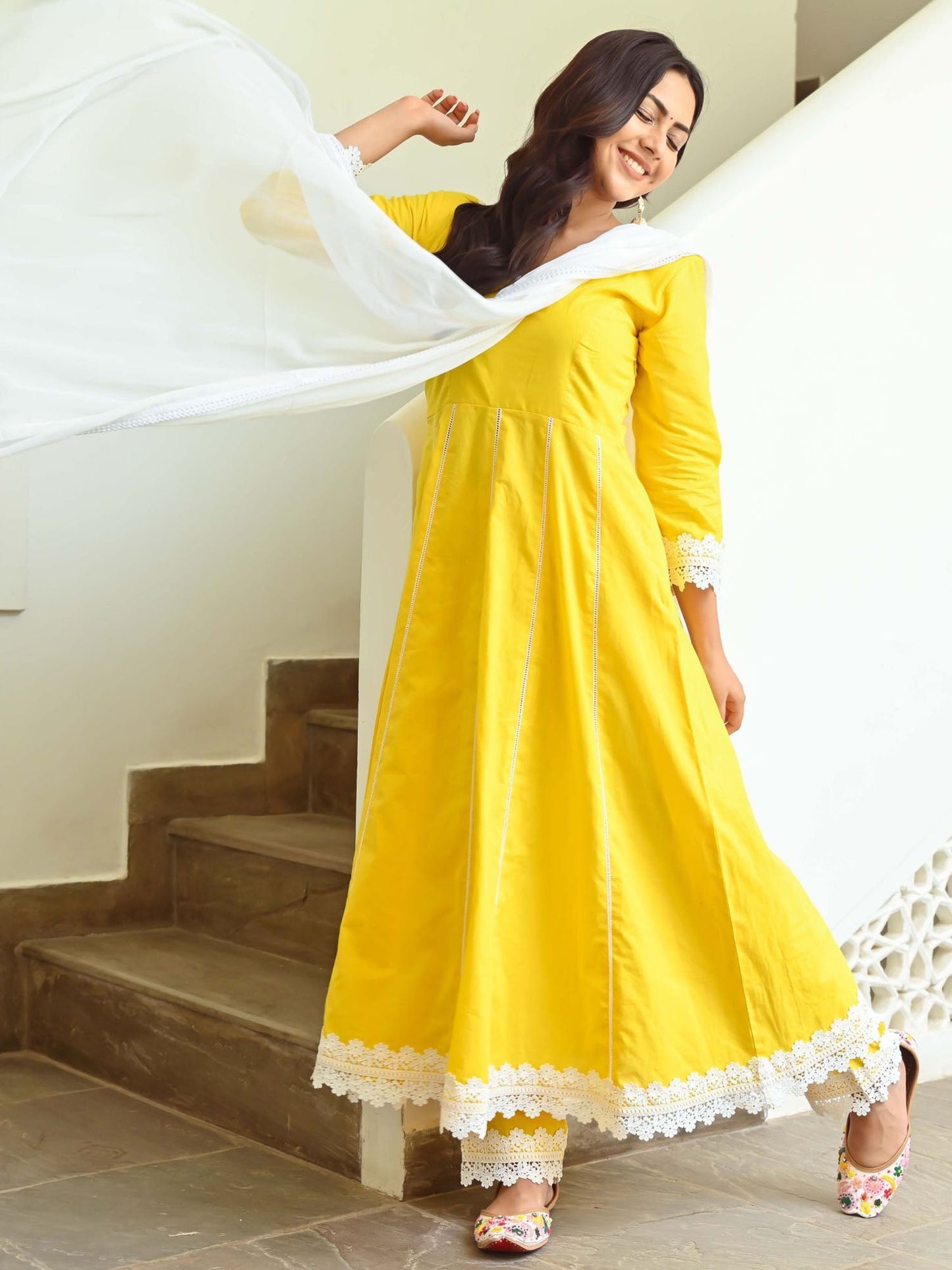 Yellow Cotton Anarkali Set