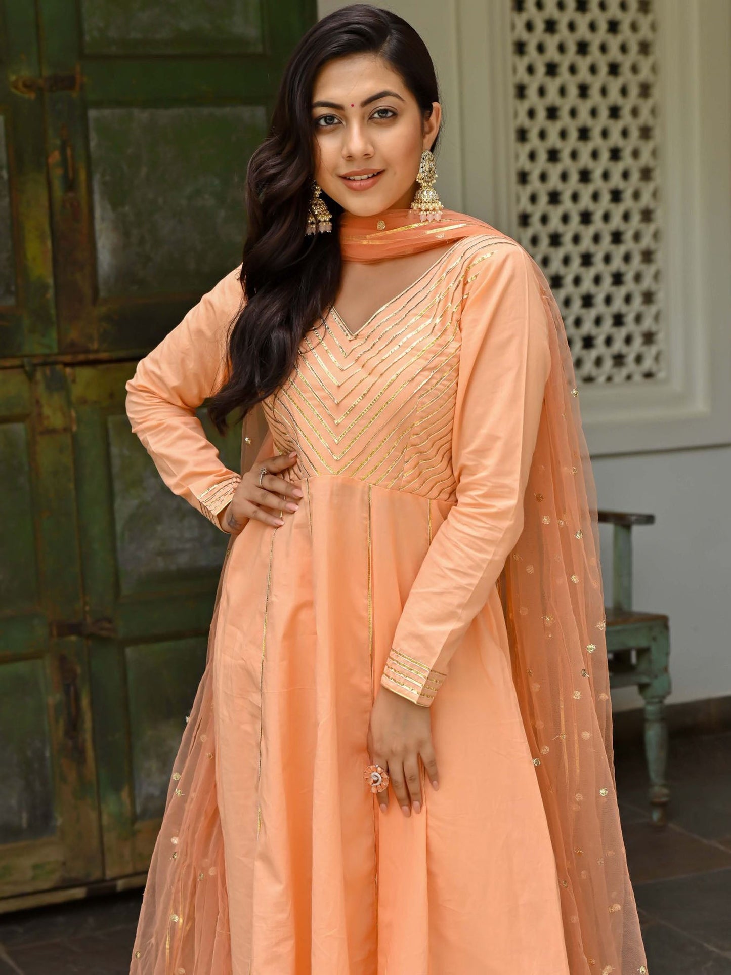 Peach Cotton Anarkali Set