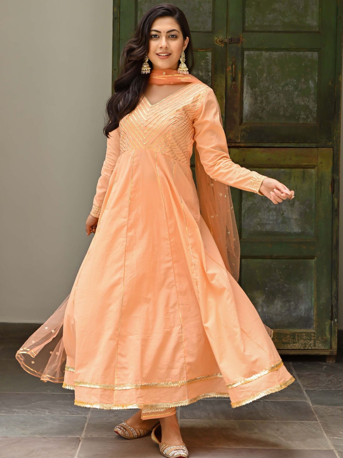 Peach Cotton Anarkali Set
