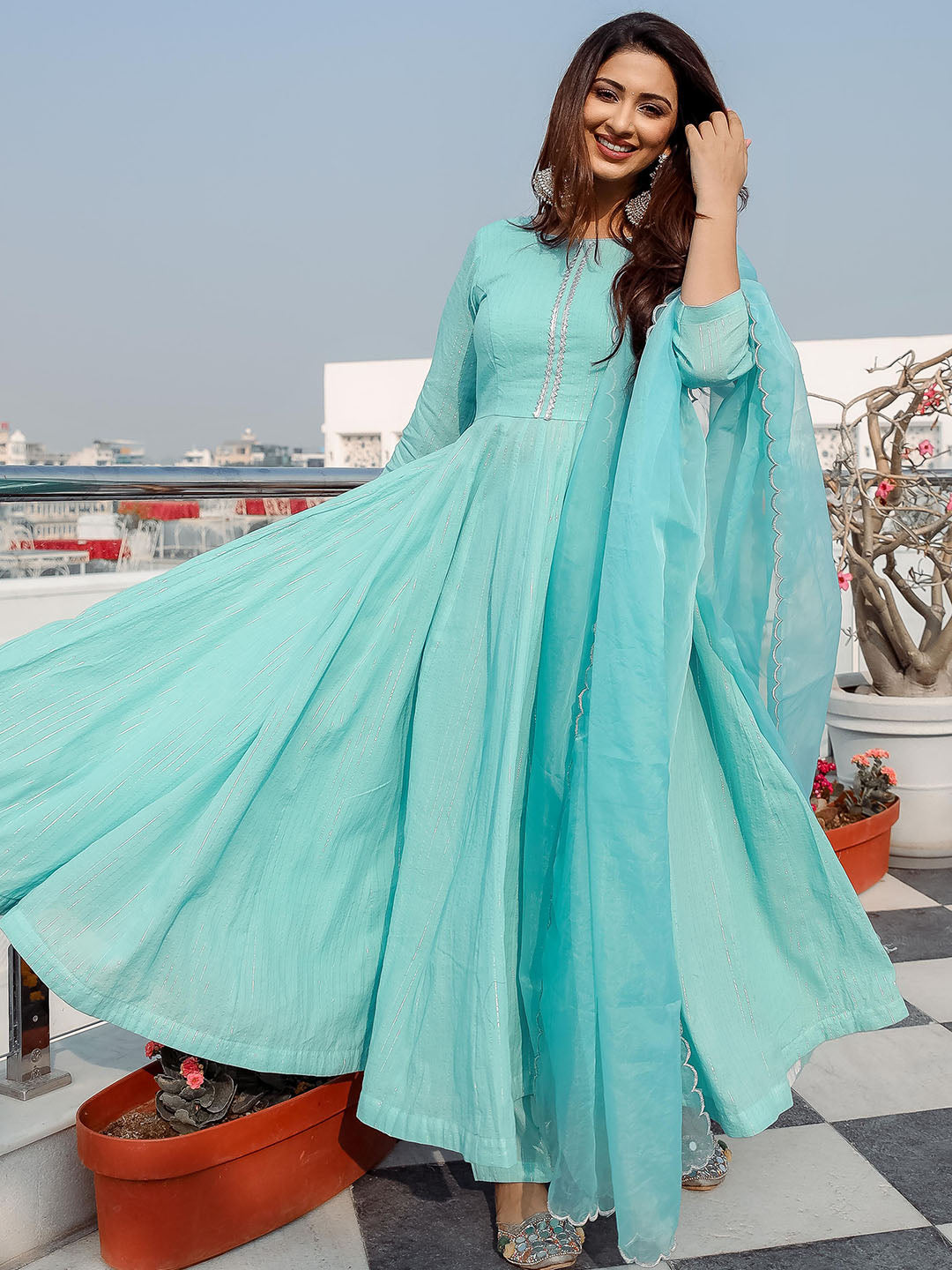 Blue Lurex Cotton Anarkali Set