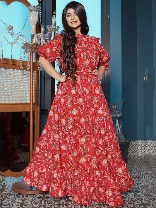 Red Off Shoulder Floral Print Dress