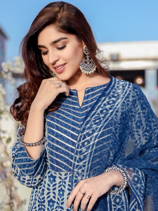 Indigo Chanderi With Doria Dupatta