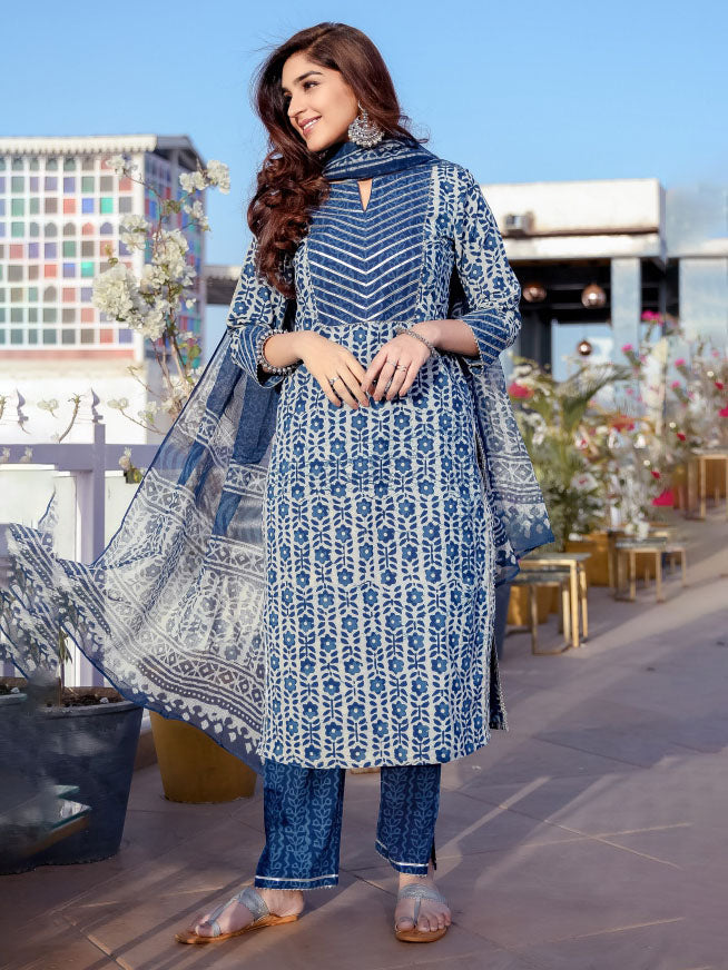 Indigo Chanderi With Doria Dupatta