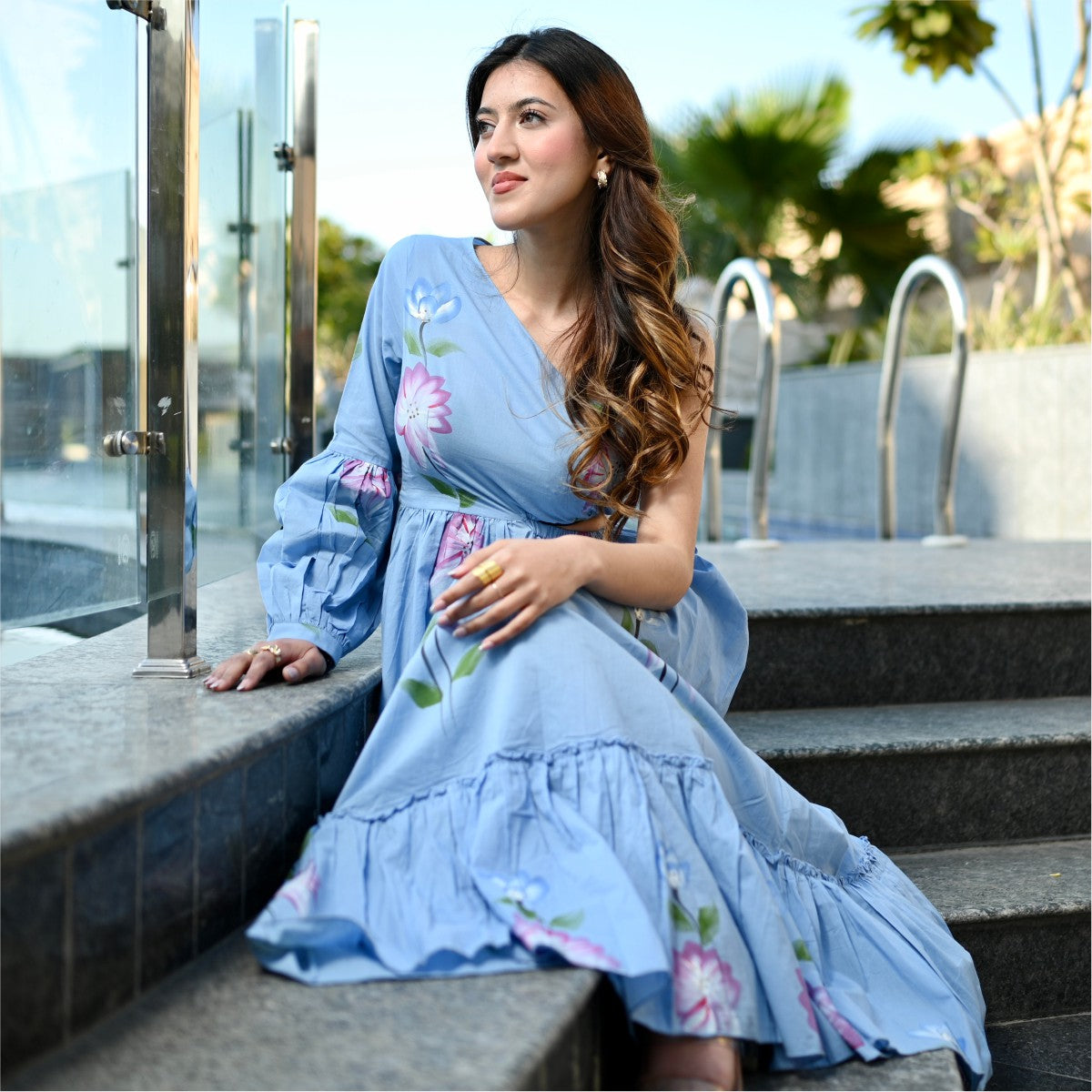 Blue Hand Painted Cut Out Dress