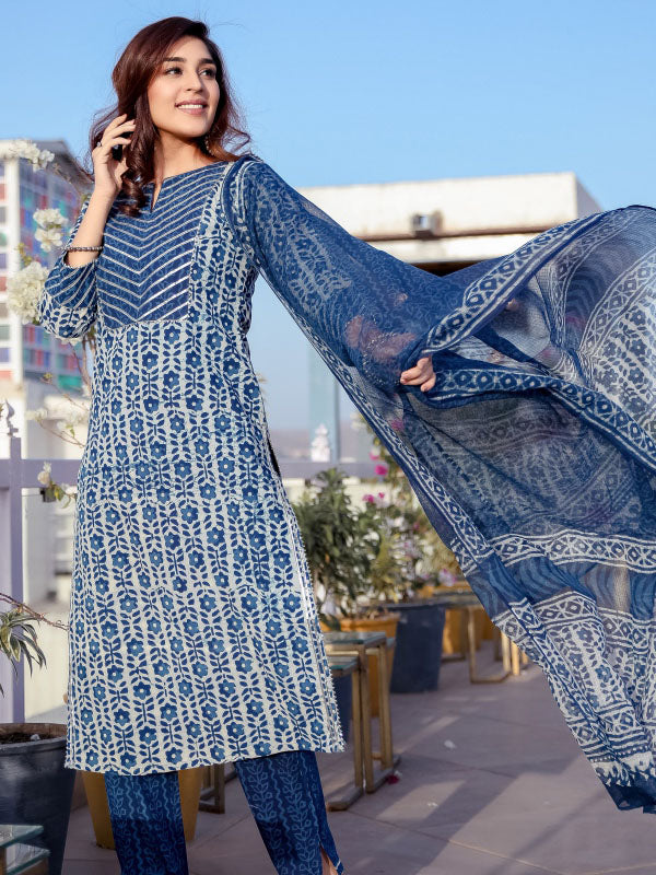 Indigo Chanderi With Doria Dupatta