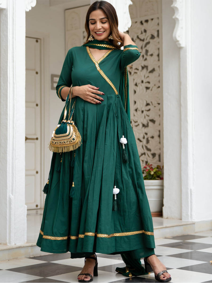 Dark Green Cotton Flared Kurta and Pant Set