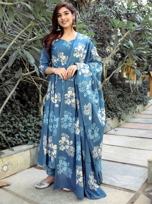 Blue Discharge Printed Anarkali Set