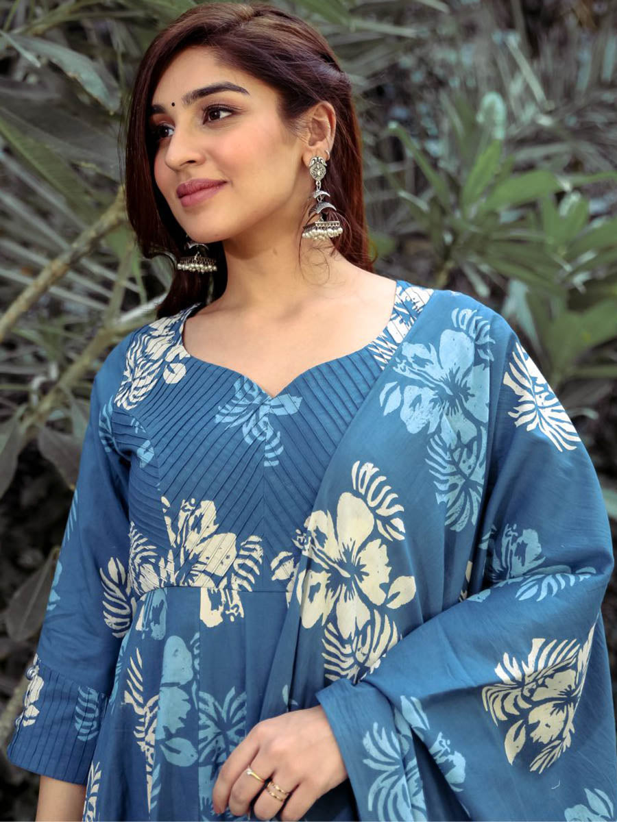 Blue Discharge Printed Anarkali Set