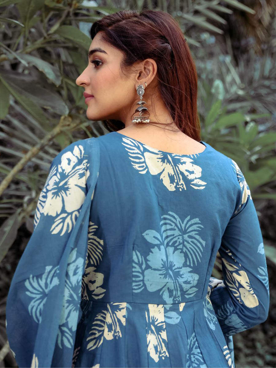 Blue Discharge Printed Anarkali Set