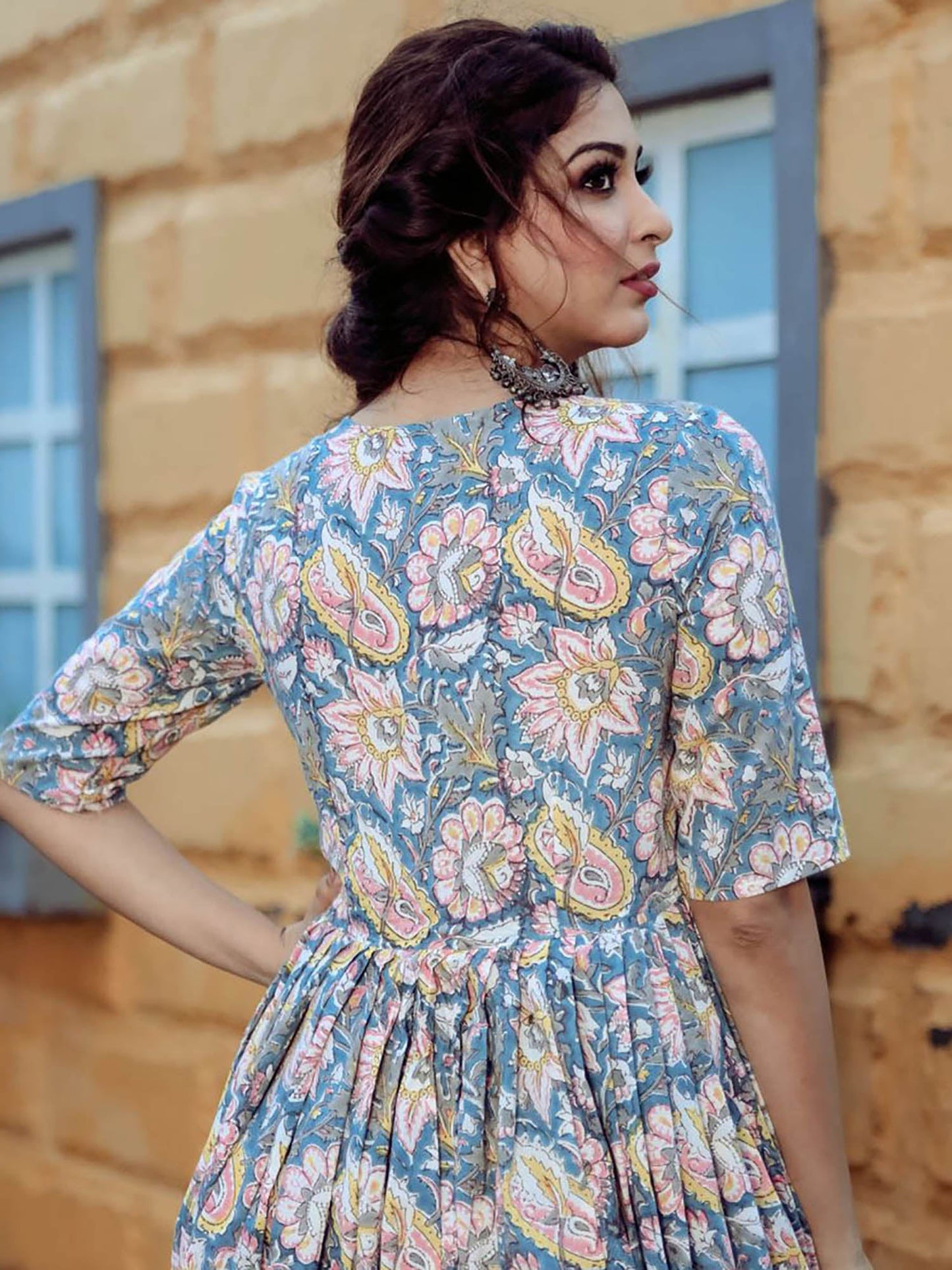 Blue Handblock Printed Long Dress