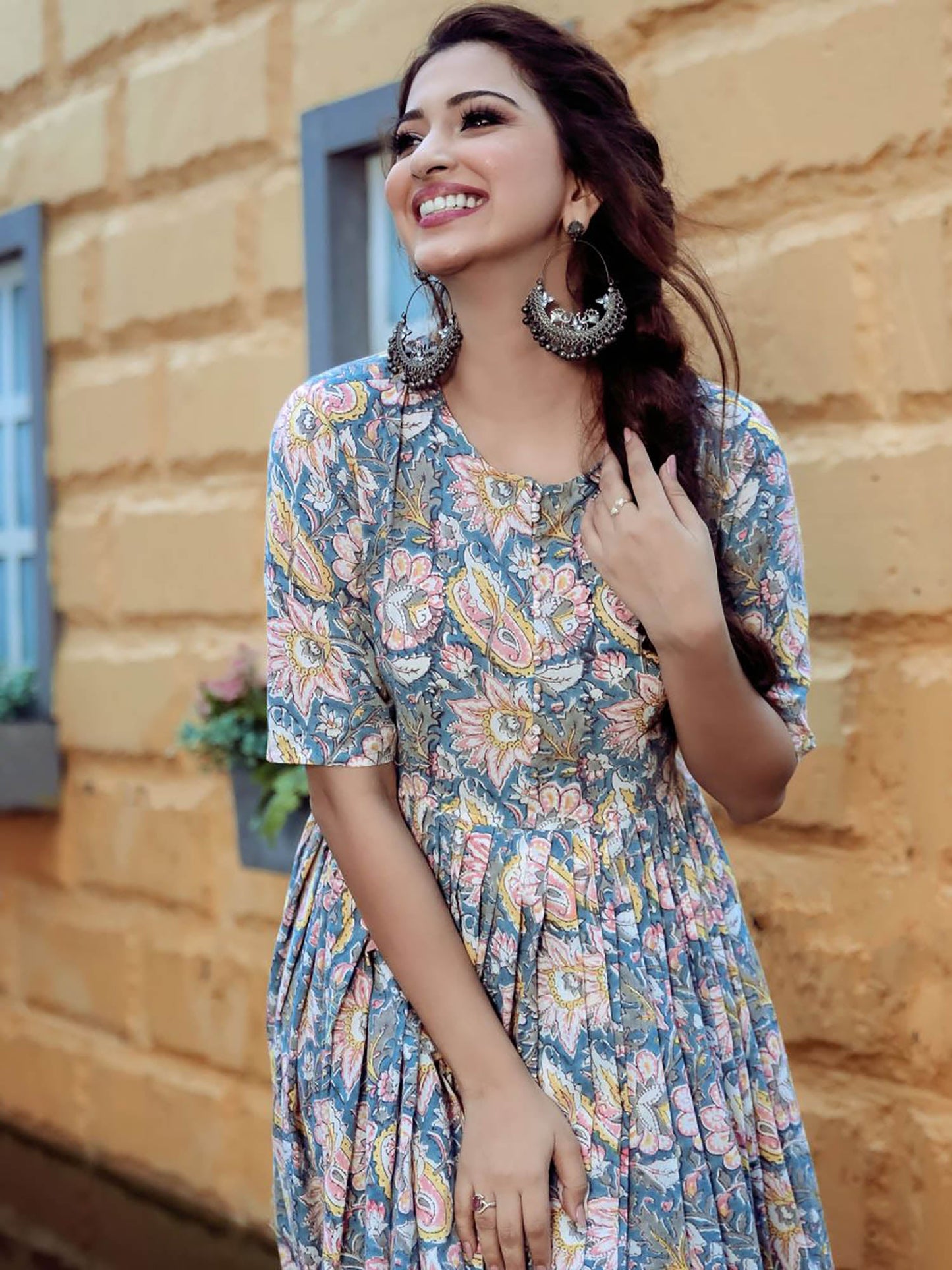 Blue Handblock Printed Long Dress