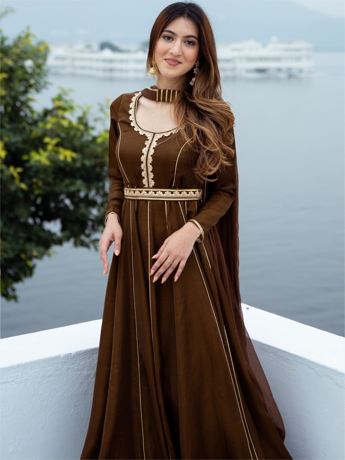 Chocolate Brown Silk Long Dress With Dupatta