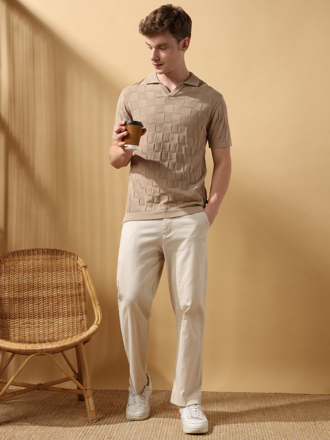 Men's Solid Cotton Slub Relaxed Fit Casual Trouser