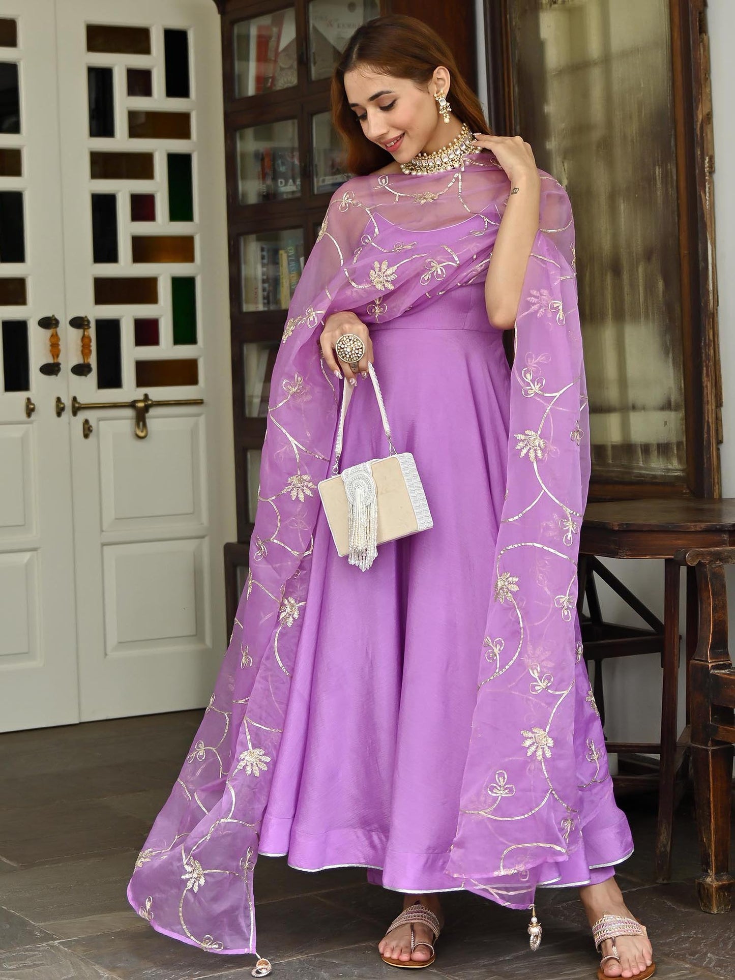 Purple Silk Anarkali Set