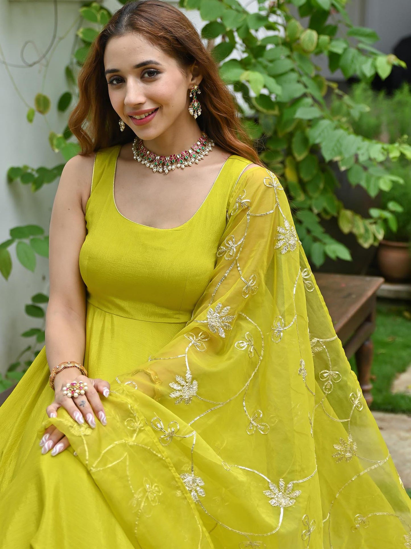 Parrot Green Anarkali Set