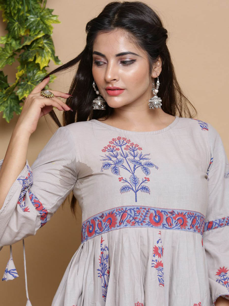 Grey Floral Print Designer Dress