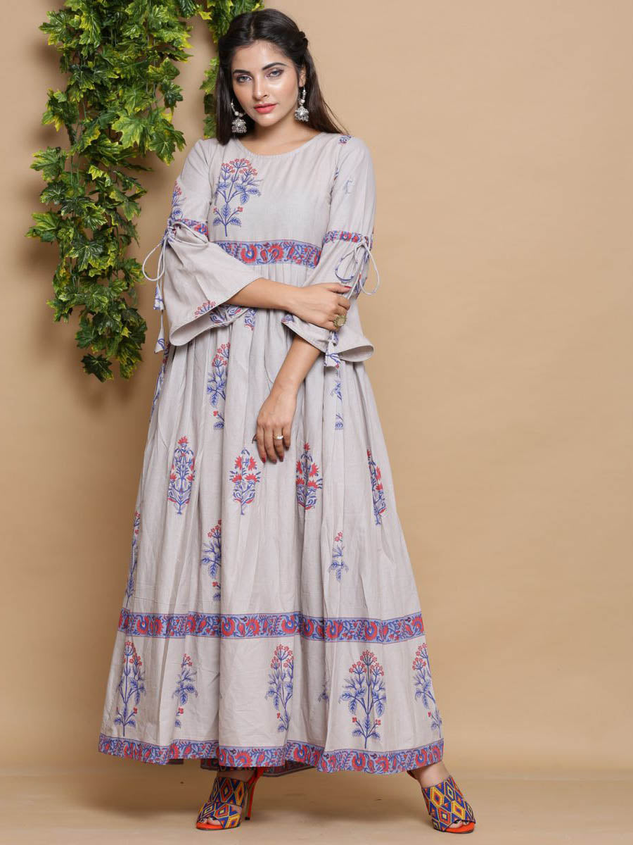 Grey Floral Print Designer Dress