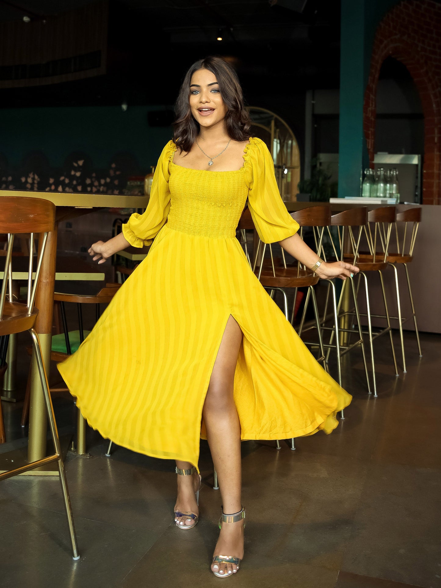 Yellow Chiffon Slit Dress