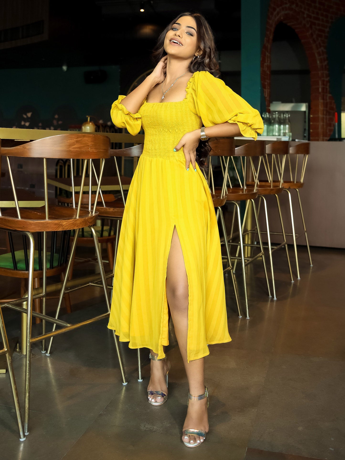 Yellow Chiffon Slit Dress