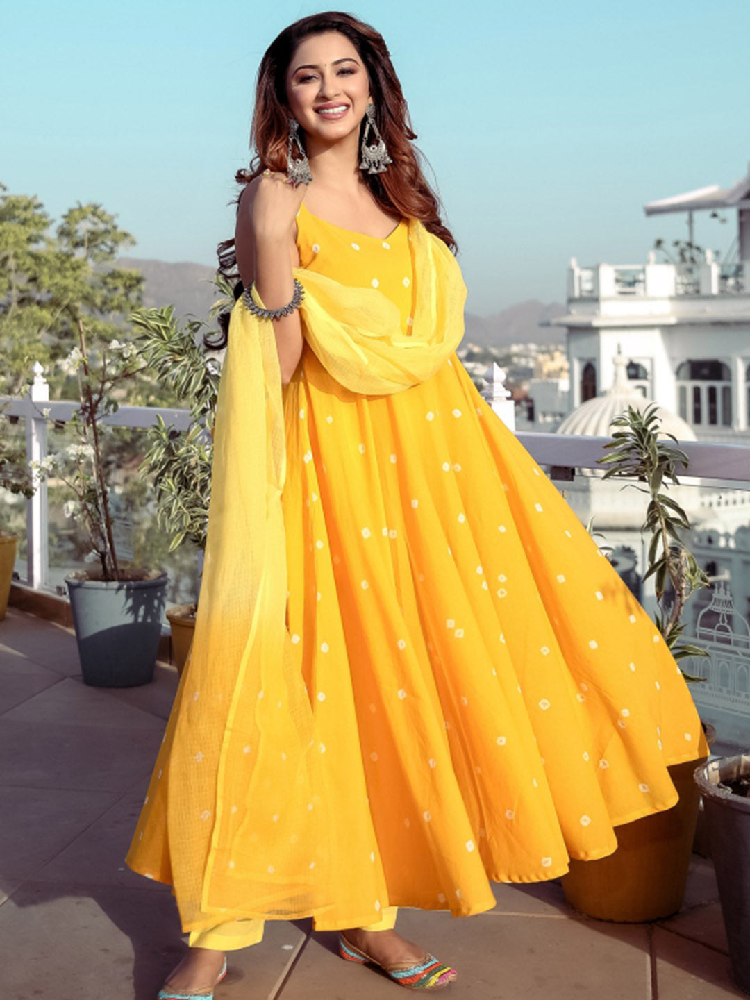 Yellow Bandhej Anarkali Set