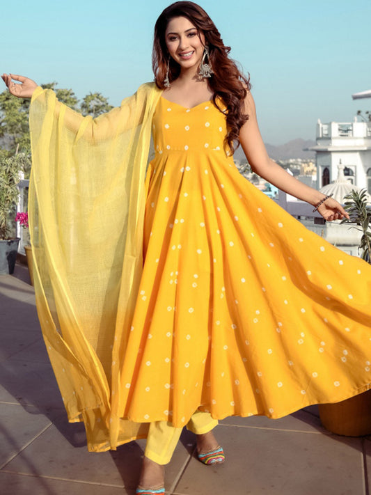 Yellow Bandhej Anarkali Set