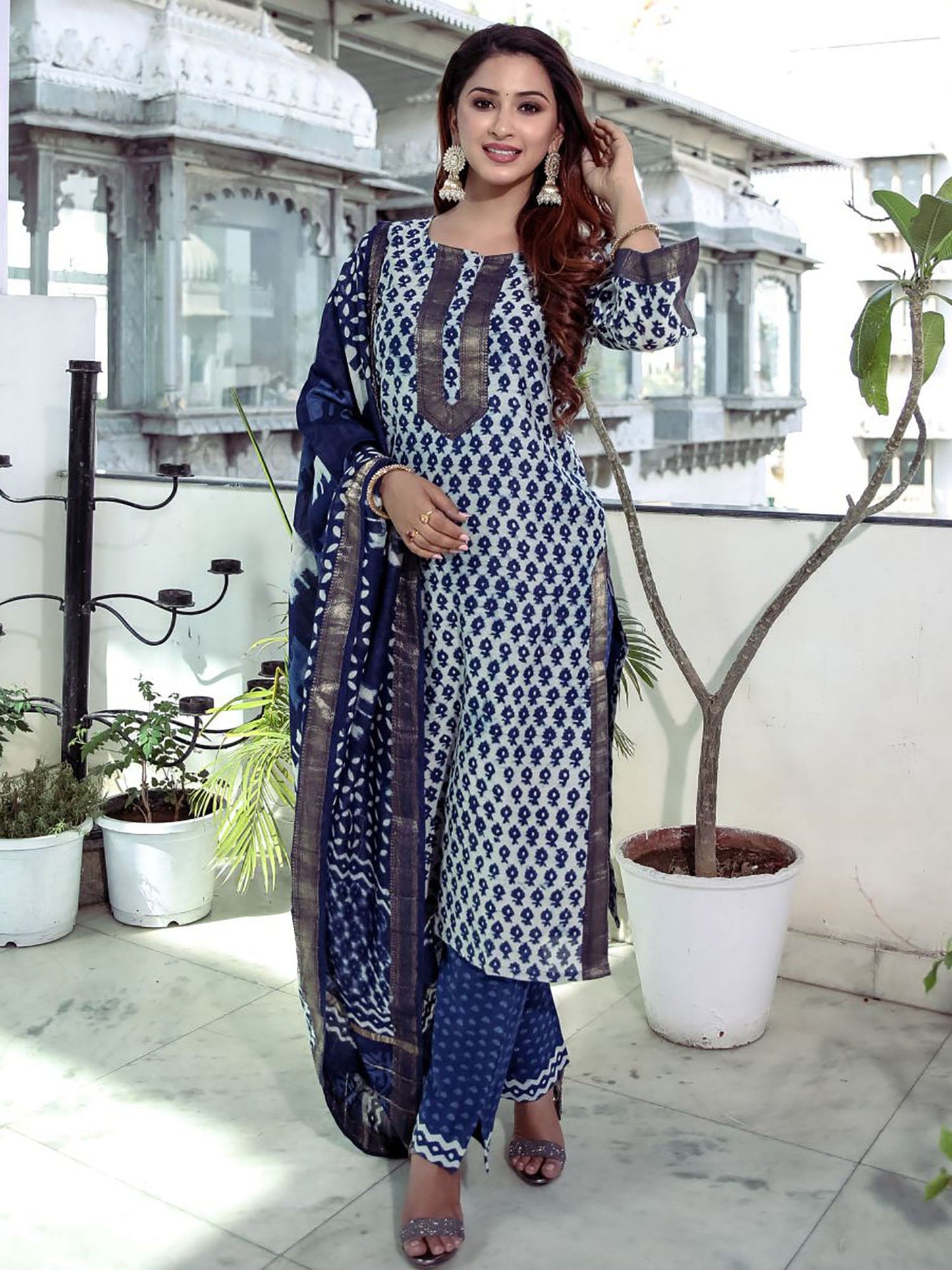 Indigo Cotton Chanderi Kurta Pant