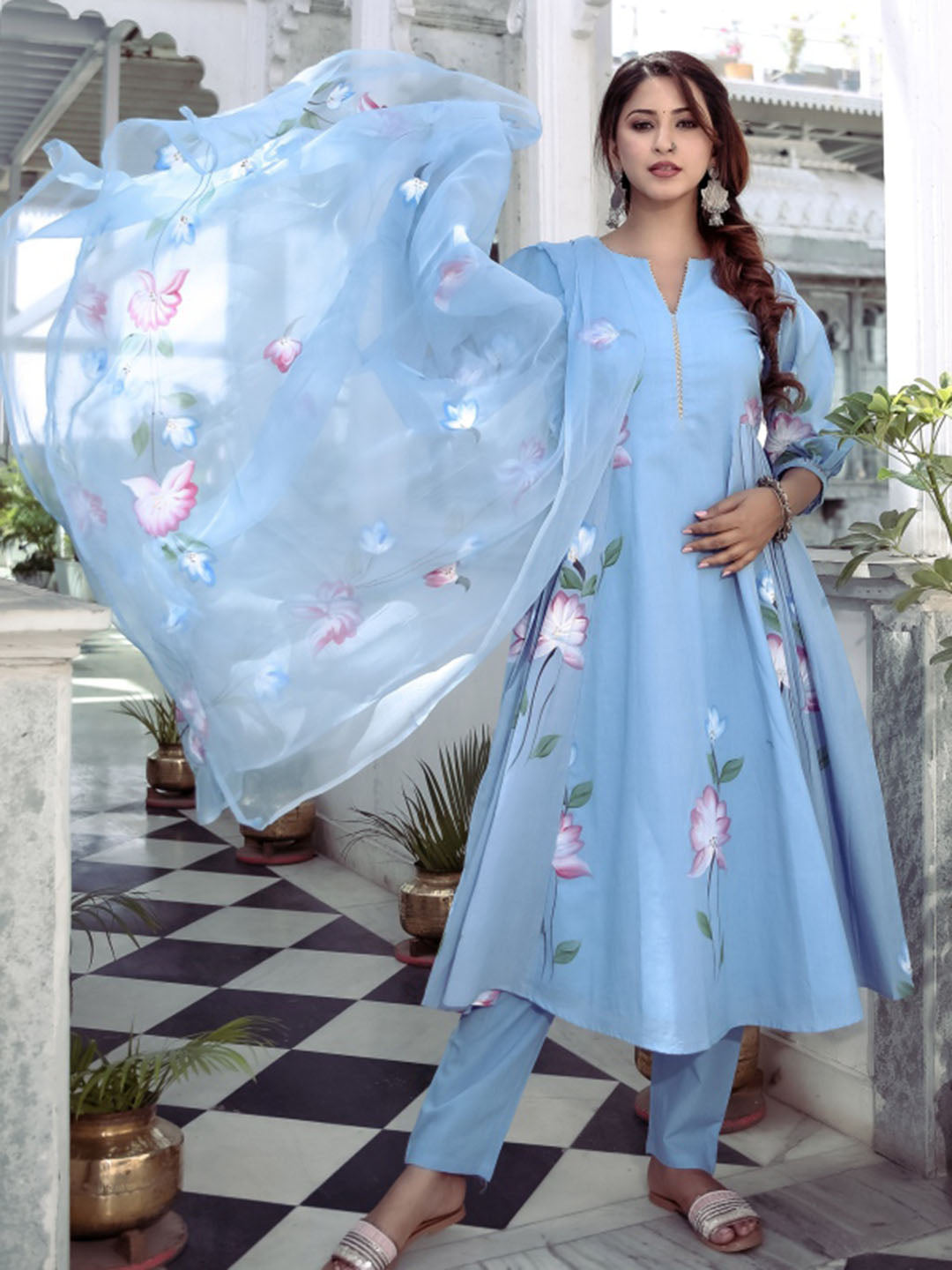 Blue Handbrush Anarkali Set