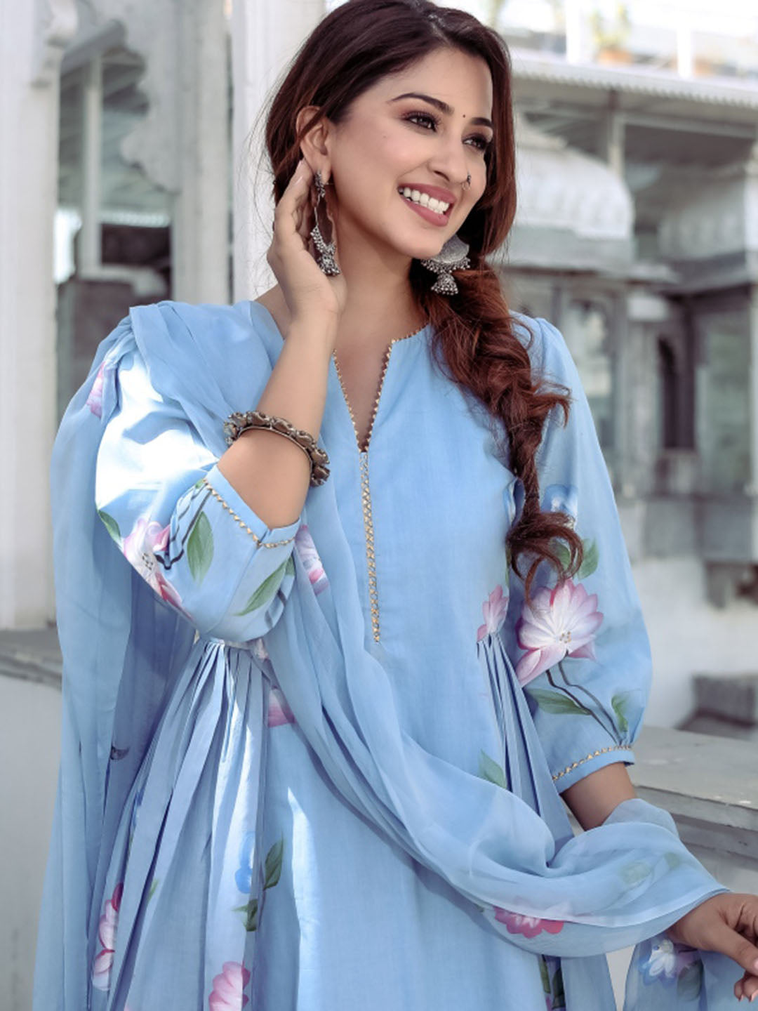 Blue Handbrush Anarkali Set