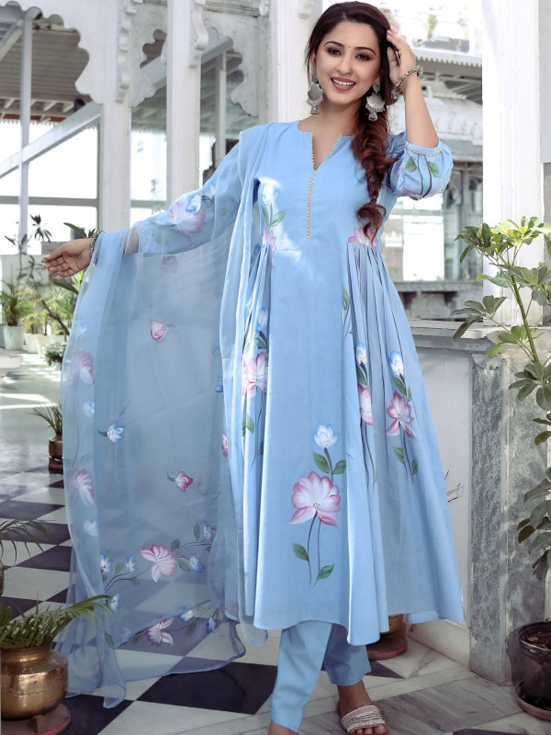 Blue Handbrush Anarkali Set