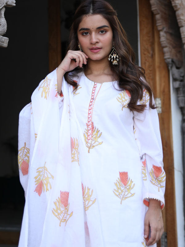 White Sanganeri Block Suit Set