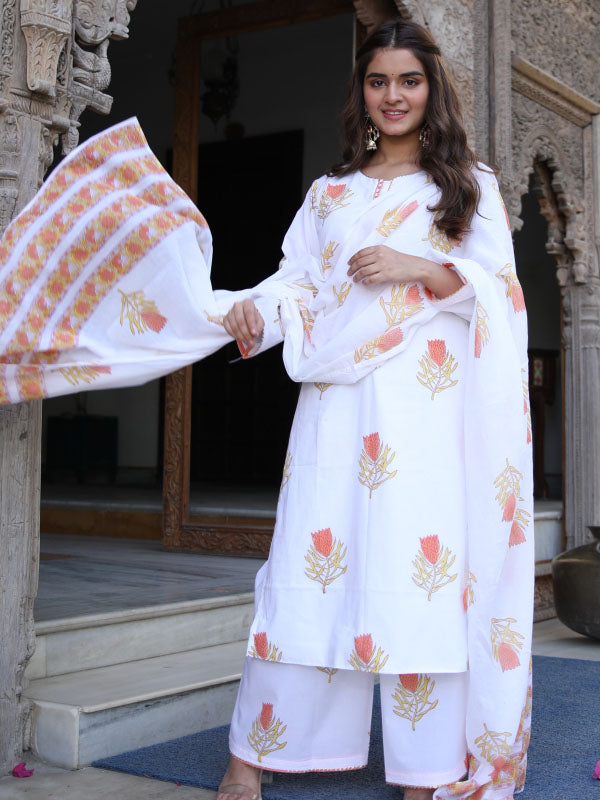 White Sanganeri Block Suit Set