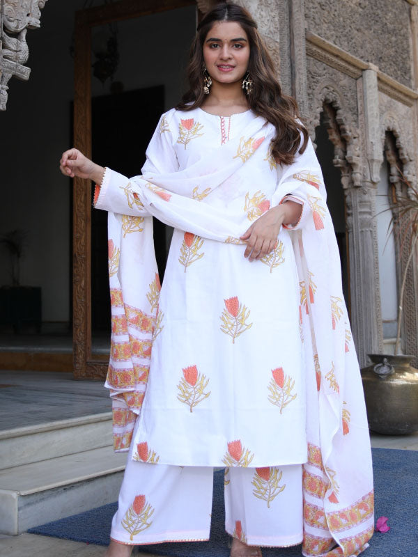 White Sanganeri Block Suit Set