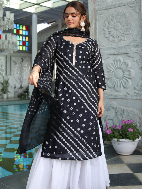 Black Chinon Kurta Sharara Set