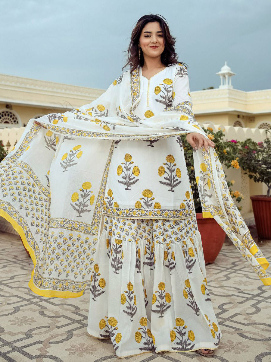 White Block Sharara Set