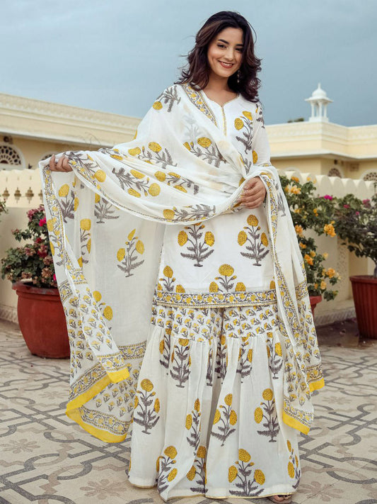 White Block Sharara Set