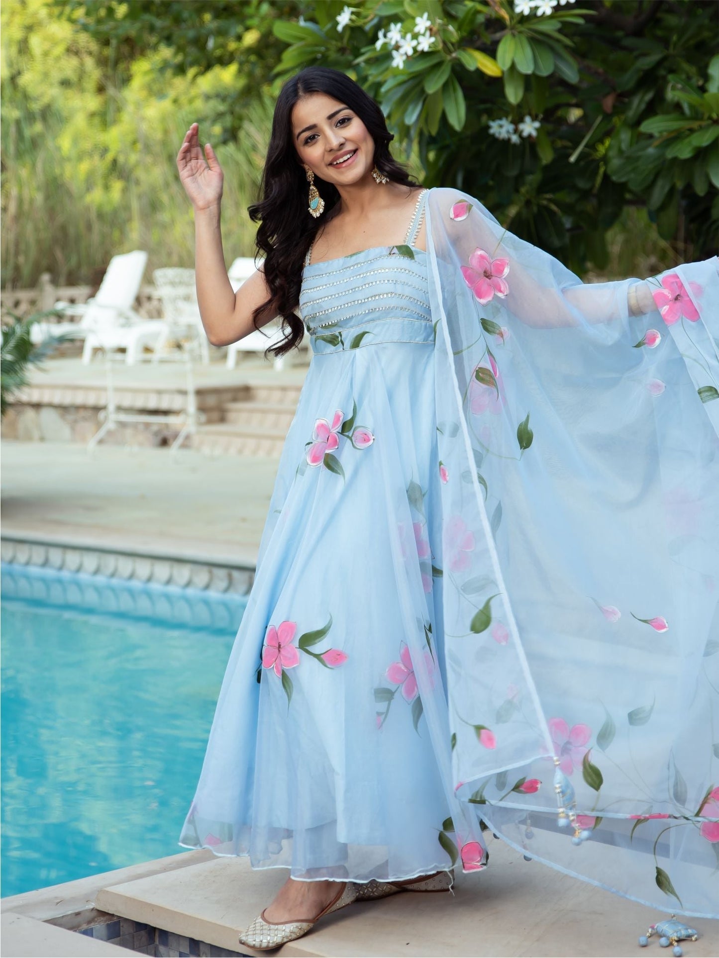 Blue Organza Handpainted Anarkali Set