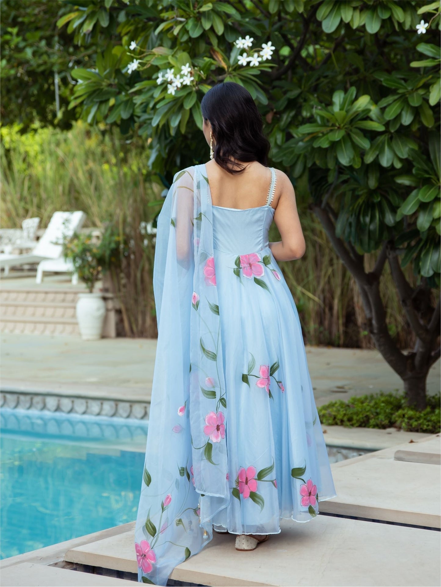 Blue Organza Handpainted Anarkali Set